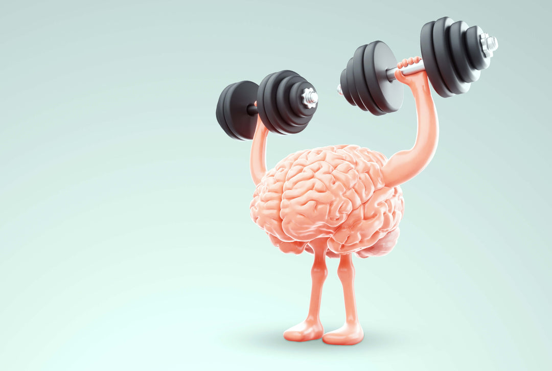 cartoonized image of a brain lifting dumbbells