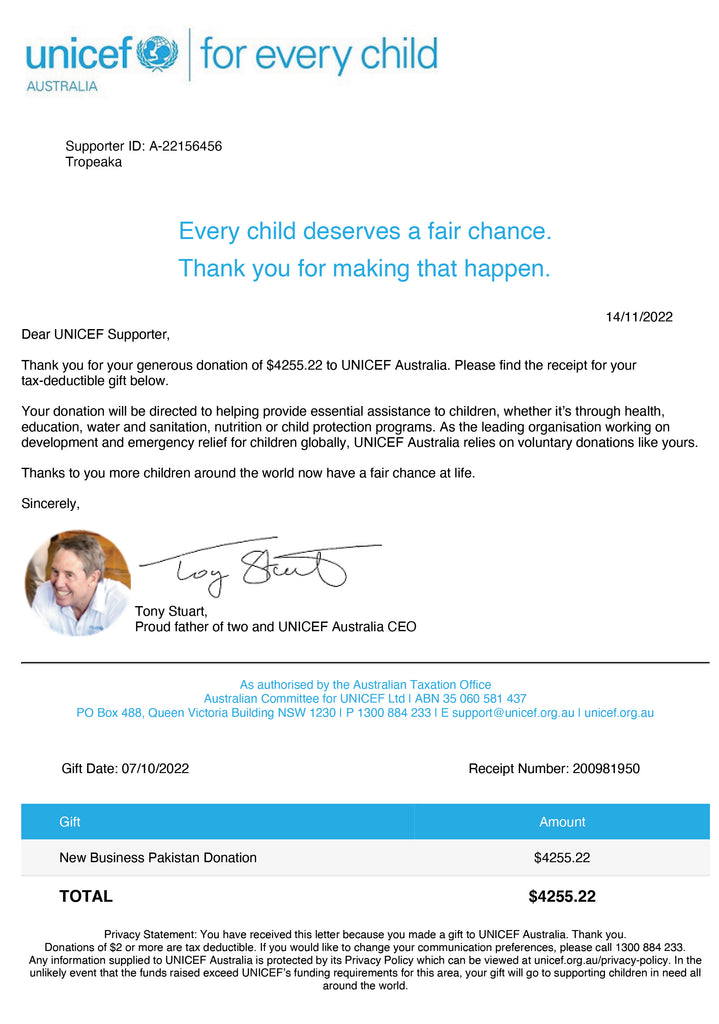 Unicef Remittance Example Giving, Sustainability & Tropeaka's Vision | Tropeaka.com.au